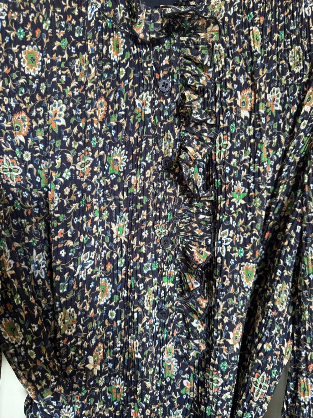 Tory Burch Navy Floral Long-Sleeve Ruffle Tie-Waist Dress